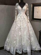 Long Sleeve V Neck A Line Wedding Dresses Backless Lace Appliques Bridal Gowns Prom Dress